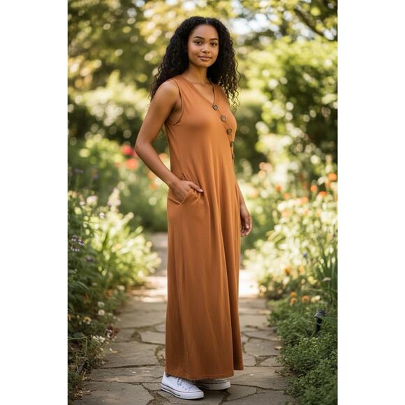 Soft Surroundings Rust Orange Maxi Dress Sleeveless Button Front Pockets Medium - Picture 14 of 14